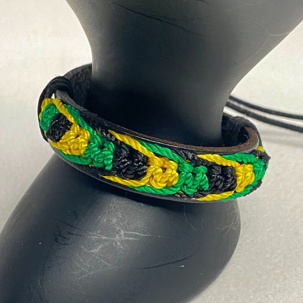 💎Cuff Bracelet Jamaican Flag Faux Leather Friendship Black Green Yellow Pattern